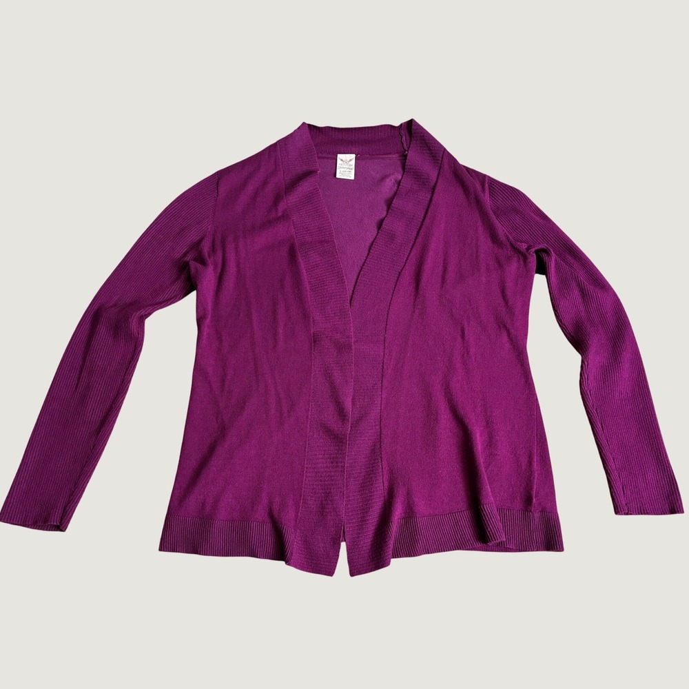 Minimalist Womens Plum Oxford Open Front Cardigan Sweater Ribbed Size L 12-14